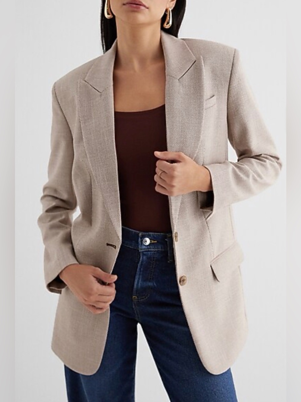 Express Textured Oversized Blazer Boyfriend Fit Beige Neutral Two Button Lined S